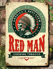 Retro TIN SIGN RED MAN CHEWING TOBACCO MAN CAVE OFFICE DEN WALL ADVERTISING