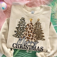 MERRY CHRISTMAS LEOPARD TREES FAUX GLITTER SWEATSHIRT  MSG W/SIZE  COLOR