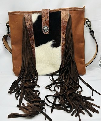 Myra Bag Cowhide Leather Fringe Tote Crossbody Western Purse Sunflower Strap