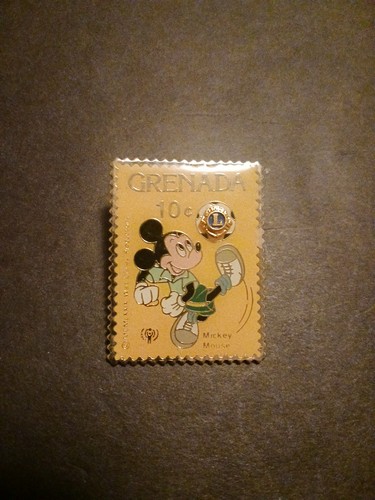 Disney Mickey Mouse Soccor, Grenada Postage Stamp 10 Cent Brooch Pin Lions Club