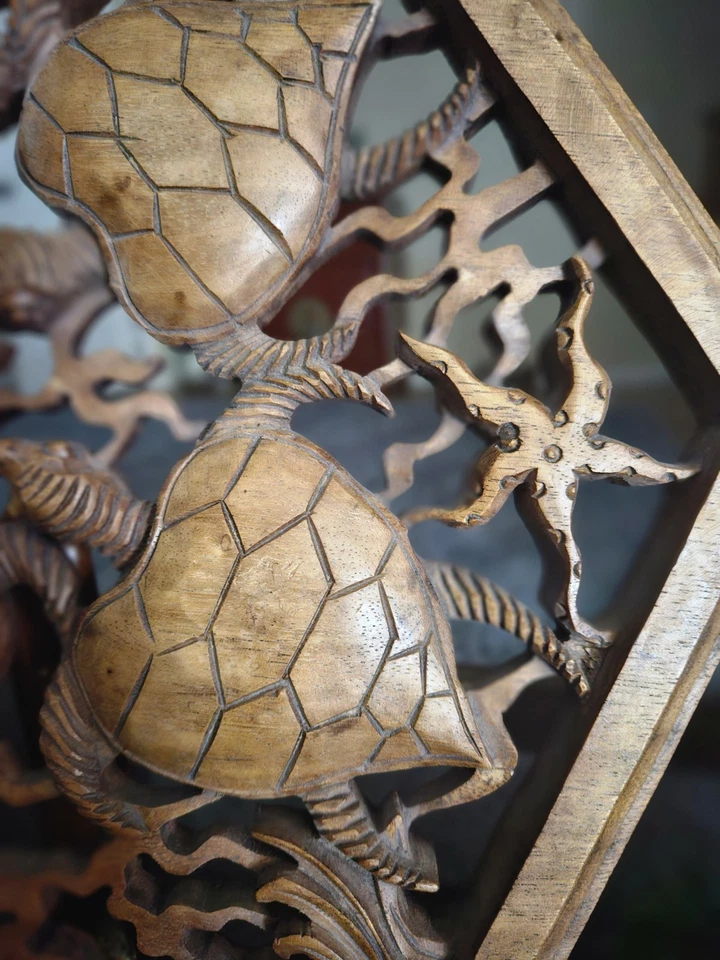 手工雕刻木制海龟和海星墙壁装饰复古六边形形状  — 第 3/4 张图片