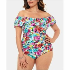 Swim Solutions 22W One Piece Off The Shoulder Tummy Control Floral Vista