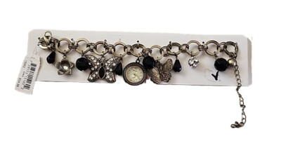 Charm Bracelet Watch Butterflies With Black Gems Claw Clasp Chain No Box