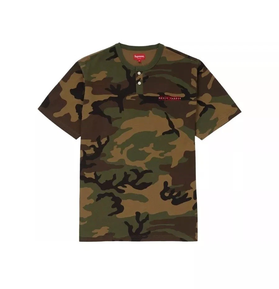 SUPREME PIQUE S/S SHIRT HENLEY SIZE M MEDIUM IN WOODLAND CAMO COLOR FW18