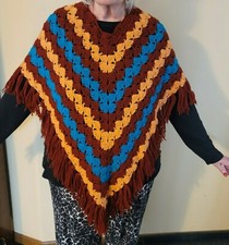 Vintage Hand Knit Crochet Granny Boho Fringe Hippie Poncho Cape OS 60S 70S