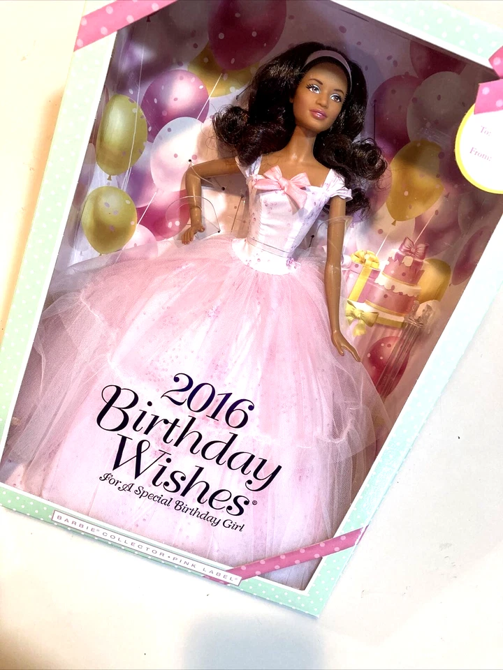 Deseos de cumpleaños Barbie coleccionista etiqueta rosa muñeca afroamericana Mattel 2016 🌸 Foto 2 de 4