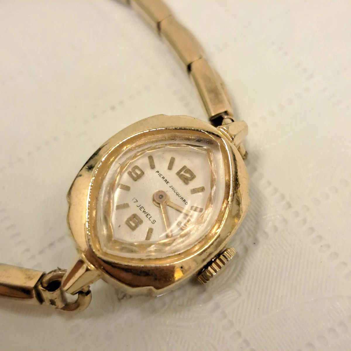 Pierre Jacquard Ladies Watch White Dial Gold Tone Stainless Stretch Bracelet Peugeot Womens Two-Tone Oval Watch, Diamond Bezel and Self  main image 2