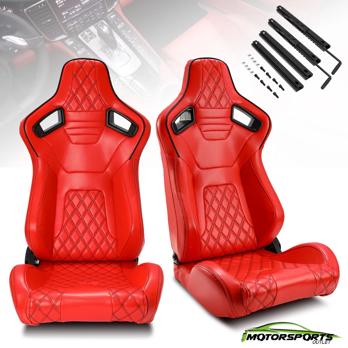 Universal Pair Reclinable Red PVC Leather Sport Racing Seats W