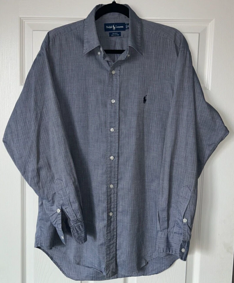 Camisa Ralph Lauren Hombre Pequeña Gris Azul 100% Algodón Manga Larga Calce Clásico Foto 2 de 4