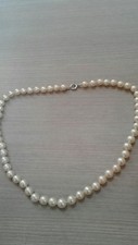 cultured pearl necklace,vintage, 14k white gold clasp, 15" long, hand knotted,