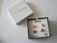 DISNEY Fine Earrings Mickey Mouse Crystal Pink Clear Sterling Silver 2 Pair
