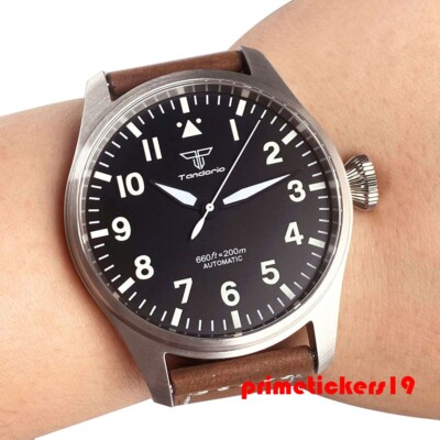 Tandorio Big Pilot Dive 43mm Men Automatic Watch Sapphire NH35 PT5000 Clear Back