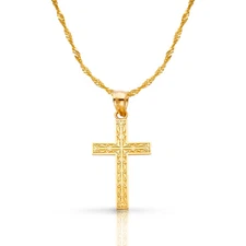 14K Yellow Gold Cross Pendant with 1.2mm Singapore Chain Necklace