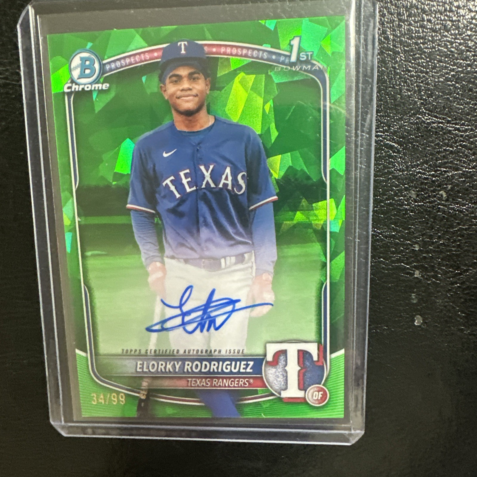 2025 Bowman Chrome Sapphire Elorky Rodriguez 1st Green Auto /99 Rangers