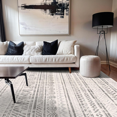 Geometric Boho Area Rug   Gray Tribal Pattern, Perfect for Living Room, Dining R