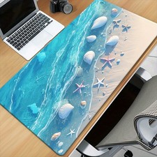 XXL Blue Sea Beach Desk Pad - Large Non-Slip Rubber Base, Waterproof Mouse Pad