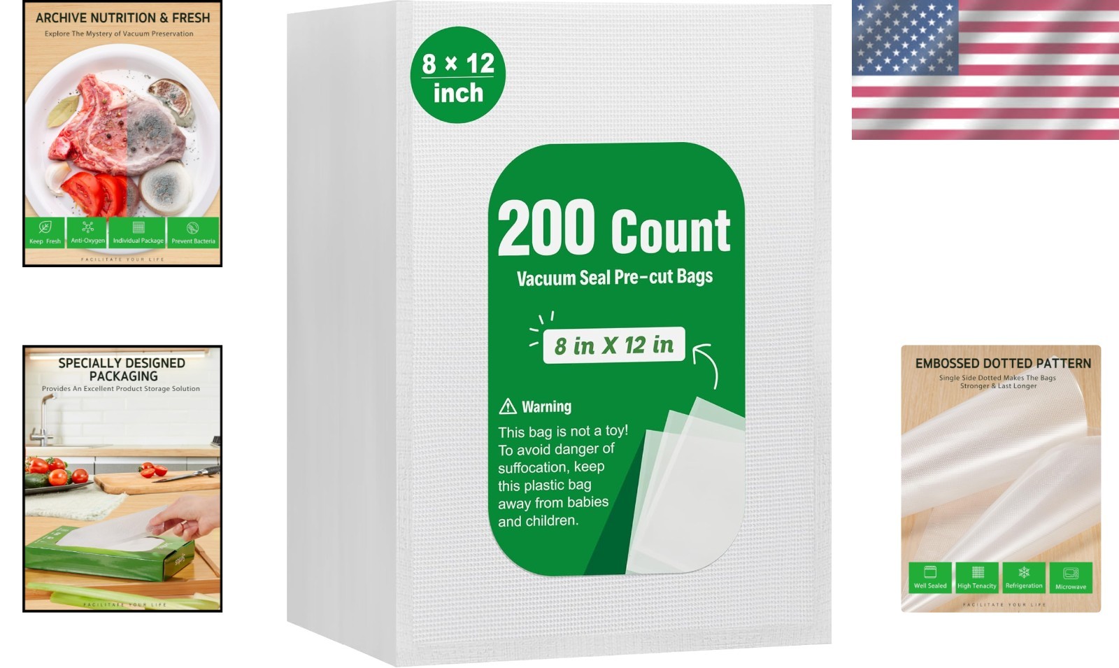 Vacuum Sealer Bags Quart 8x12 Inch 200 Count Food Storage Sous Vide