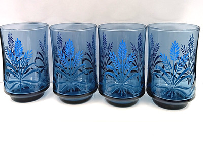 Vintage LIBBY BLUE WHEAT & RIBBON JUICE GLASSES Lot of 4 Pristine