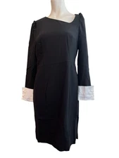 Seragyi Size 10 Black Auggie Dress White Cuffs Knee Length Wool NWT $475