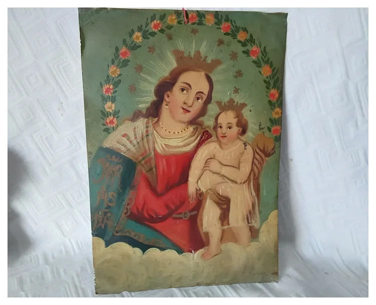 Antique Spanish, Mexican Religious, Christian Retablo, Oil Painting on Tin
