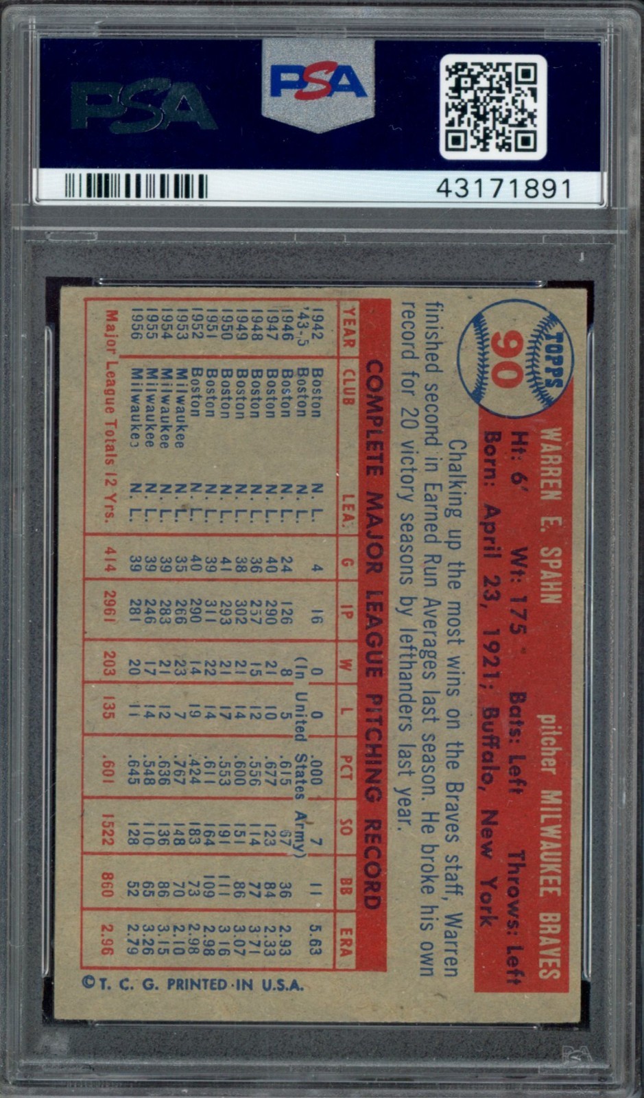 1957 Topps #90 Warren Spahn VTG Baseball Card HOF Braves PSA 6 view 2