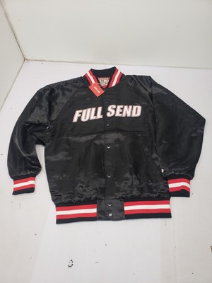FULL SEND Mens Size Medium Nelk Boys Satin Black Bomber Varsity Jacket