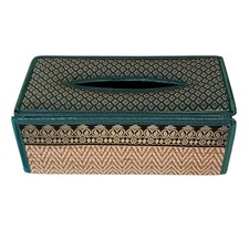 Handmade Woven Reed Tissue Box Holder Blue Green Brown Gold Rectangle Bohemian