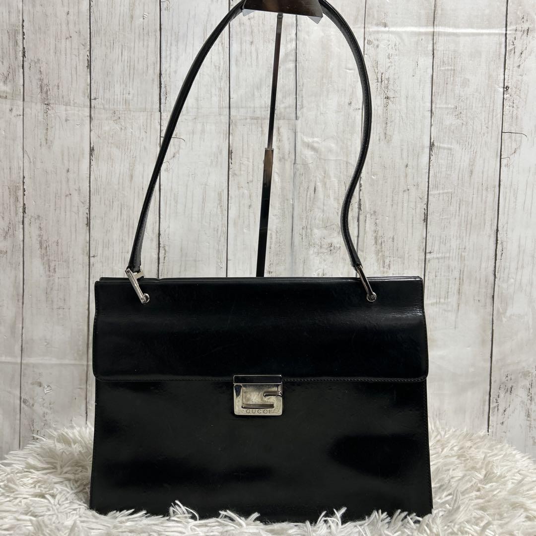 GUCCI Black Leather One Shoulder Tote Bag with Silver Logo DDU