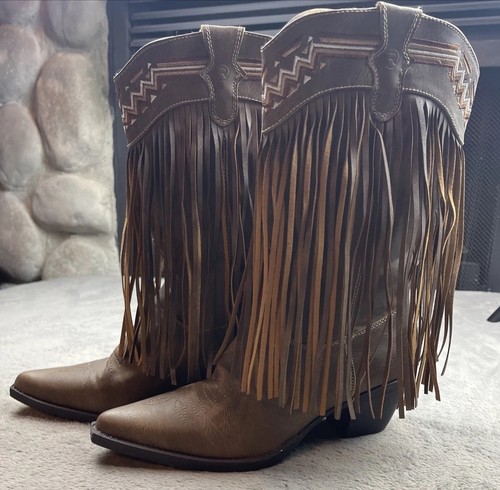 ROPER Brown Fringe Faux Suede Brown Cowboy Festival Boots 7.5 - Picture 3 of 22