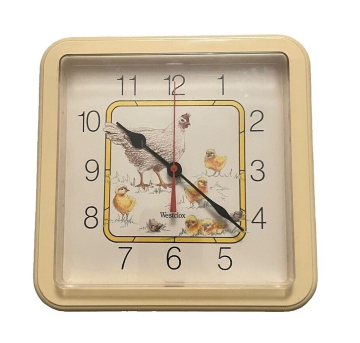 Vtg Westclox Quartz Square Rooster Wall Kitchen Clock 9” Farm House