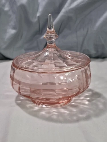 Vintage Pink Depression Glass Lidded Candy Dish 6" Footed Covered Compote