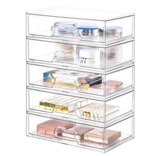 5 Pack Makeup Organizer Stackable, 12.1''L Bathroom Organizer and Storage Acr...
