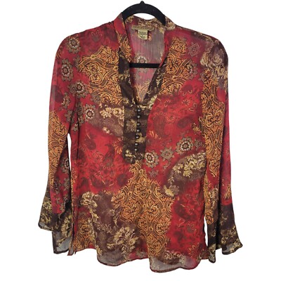 Notations Womens Sz S Red Brown Geometric Long Sleeve Blouse