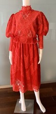 Vintage 70s red lace separates Blouse Skirt Puff Sleeves M/L Mint