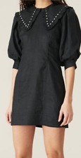 Ganni Light Linen Studded Puff Sleeves Mini Dress, Size EUR 38, US 6
