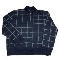 Nautica Navy Blue Plaid 1/4 Zip Pullover Sweater Shirt Men's Size Large EUC