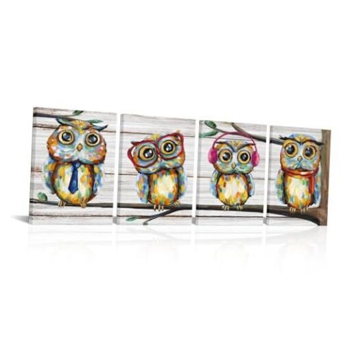 4 Pieces Happy Owl Family Canvas Prints Animal Painting Wall Decor Dad Mom