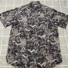 Columbia River Lodge Men's Hawaiian Shirt Size M Medium Grey Short Sleeve