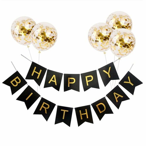 HAPPY BIRTHDAY BUNTING BANNER LETTER HANGING CARD & CONFETTI BALLOONS DECORATION