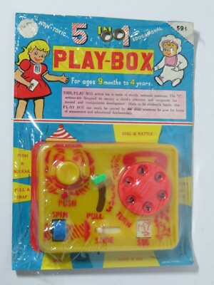HTF Vintage 1950's 5 in 1 baby / toddler plastic educational Play-box NIP yellow