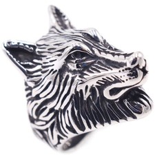 Vintage Nordic Viking Ice Wolf Ring Stainless Steel Men's Wold Head Biker Ring