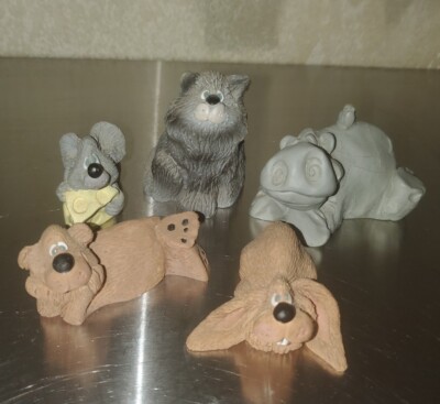 5 RUSS Critter Factory Pottery Figurines: Cat, Mouse, Hippo, Bear, Bunny Rabbit 