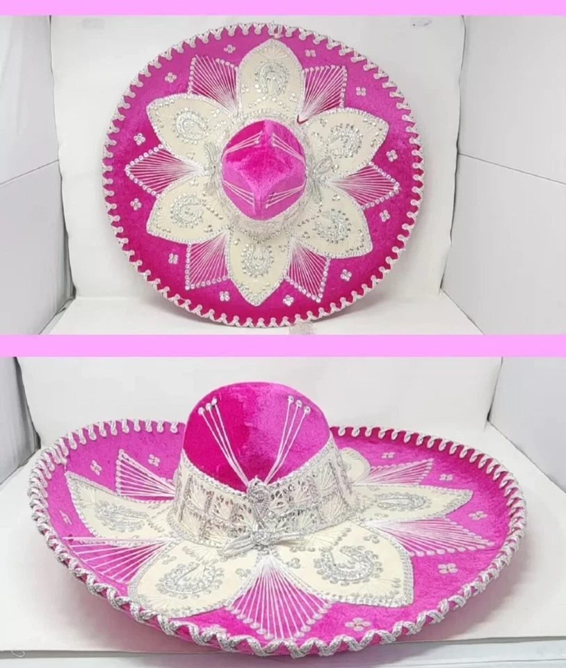 Auténtico Sombrero Hecho Mexicano Mariachi Sombrero Charro Terciopelo Rosa Plata NUEVO Foto 3 de 4