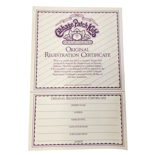 VINTAGE 1984 CABBAGE PATCH KIDS PORCELAIN COLLECTION REGISTRATION CERTIFICATE