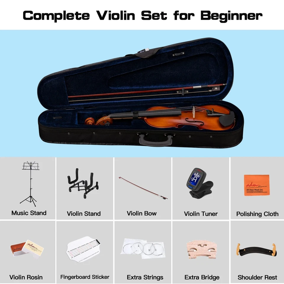 ADM Acoustic Violin for Kids Beginners, 4/4 Full Size Violin Set Solid Wood Ebon - Image 3 of 4