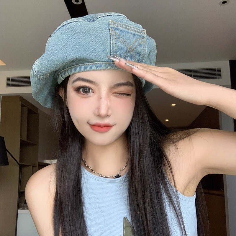Women Vintage Style Painter Cap Denim Beret Hat Baggy Casual Hip