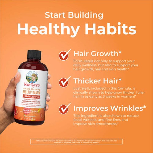 Liquid Morning Multivitamin + Hair Growth , Peach Mango, 30 fl oz Exp 6/26