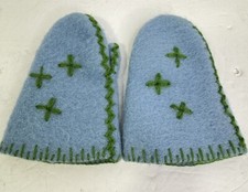 Artisan Made Blue Felted Wool Mittens Green Embroidery Child Size