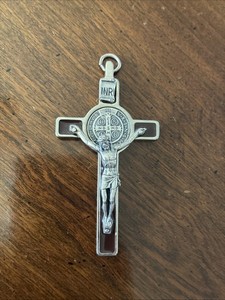 Vintage St. Benedict Crucifix Brown Enamel w/ Coin Medallion Inlay INRI 3” Cross
