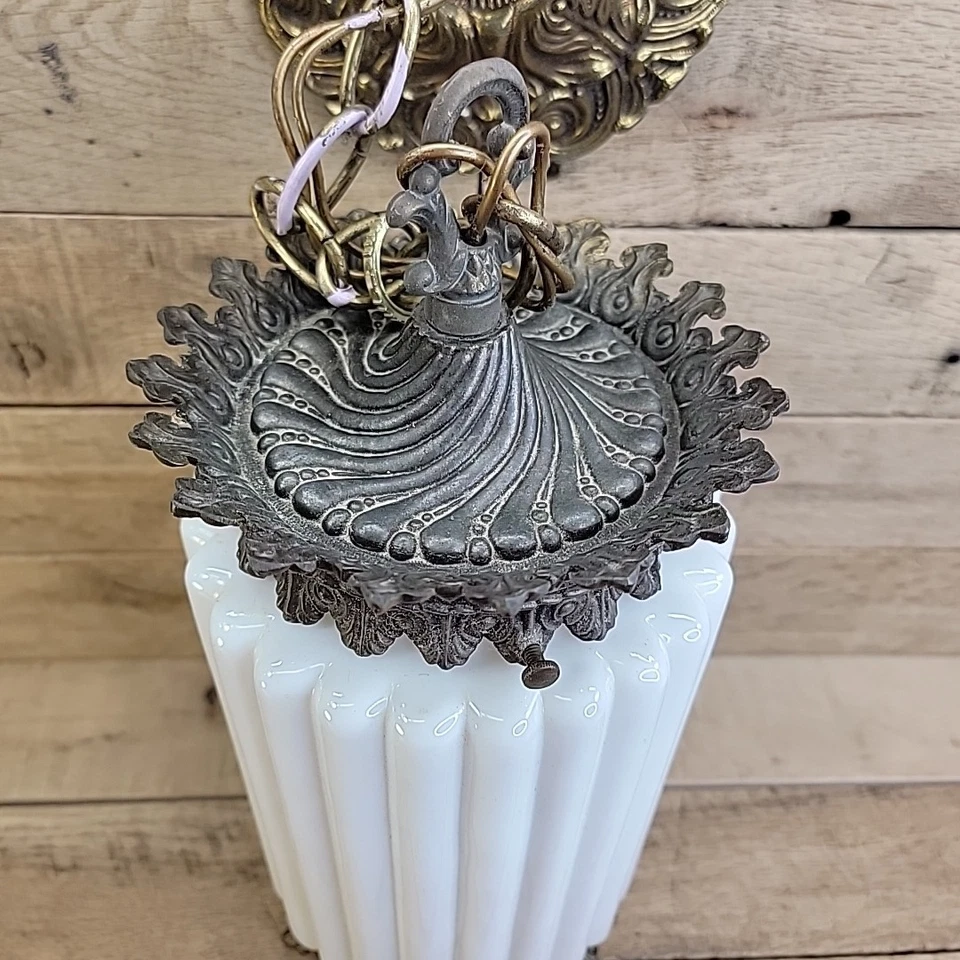 MCM Hanging Light Fixture Ornate Milk Glass & Brass Gothic Revival Swag Lamp #1 - Image 4 of 4